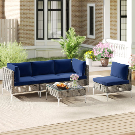 5 Piece Outdoor Furniture Set Patio Rattan Chairs with Tempered Glass Coffee Table-Navy - Tampa Home & Garden Store