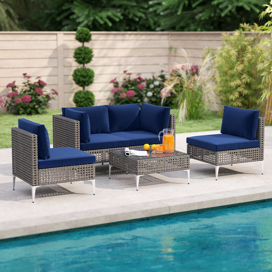 5 Piece Outdoor Furniture Set Patio Rattan Chairs with Tempered Glass Coffee Table-Navy - Tampa Home & Garden Store