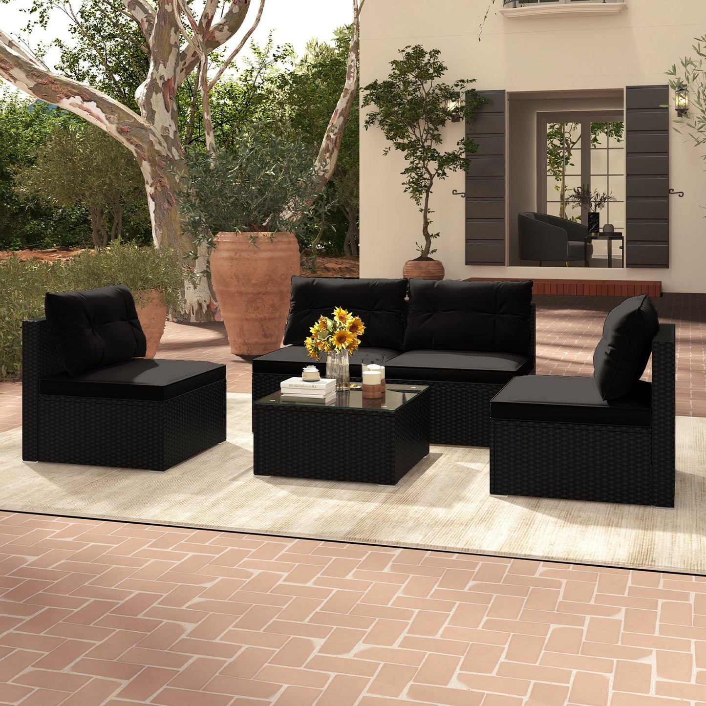 Juego de muebles de patio de 5 piezas con cojines y mesa de centro - Negro