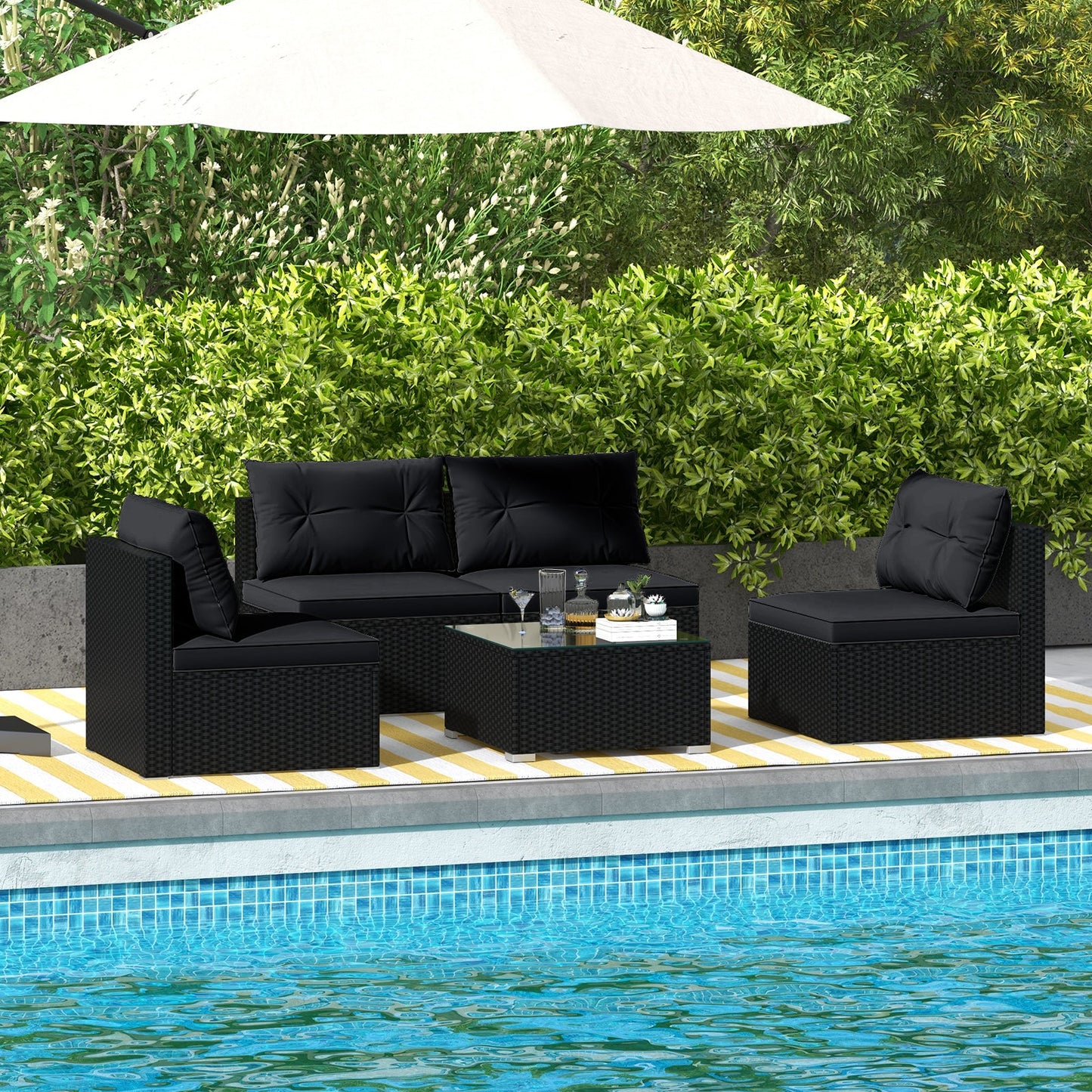 Juego de muebles de patio de 5 piezas con cojines y mesa de centro - Negro