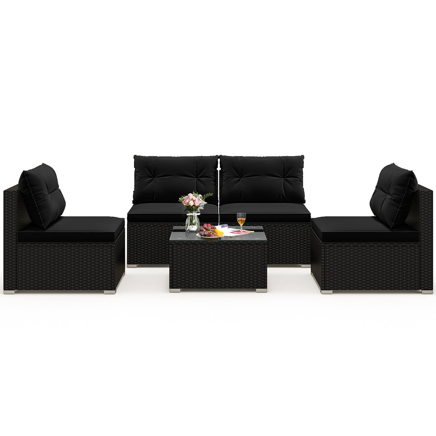 Juego de muebles de patio de 5 piezas con cojines y mesa de centro - Negro