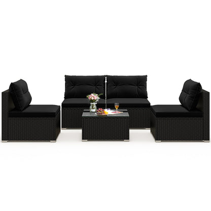 Juego de muebles de patio de 5 piezas con cojines y mesa de centro - Negro