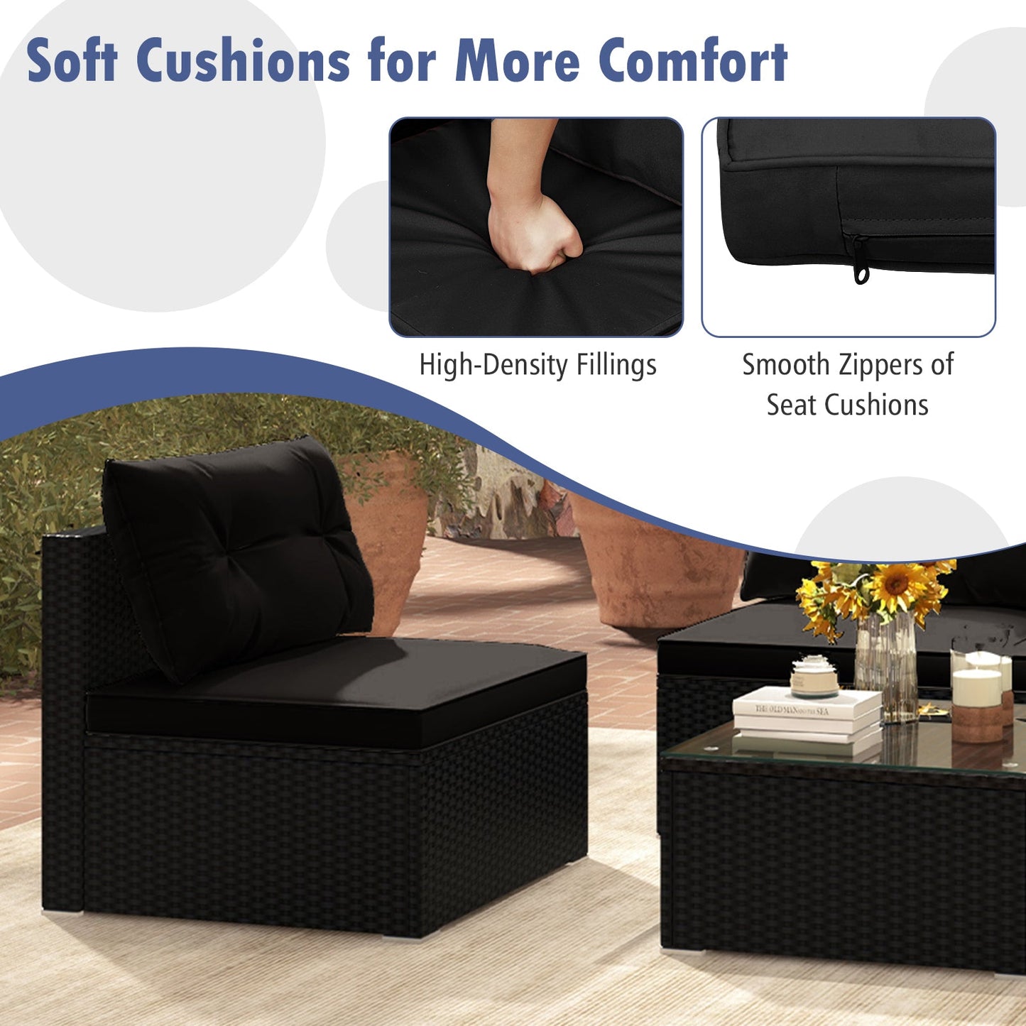 Juego de muebles de patio de 5 piezas con cojines y mesa de centro - Negro