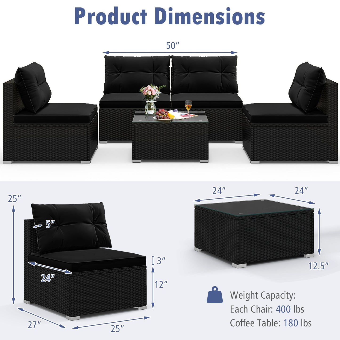 Juego de muebles de patio de 5 piezas con cojines y mesa de centro - Negro