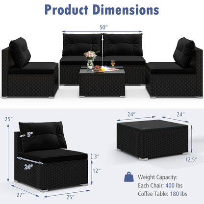 Juego de muebles de patio de 5 piezas con cojines y mesa de centro - Negro