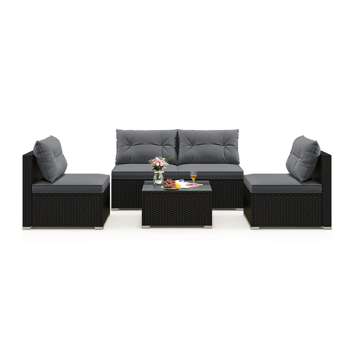 Juego de muebles de patio de 5 piezas con cojines y mesa de centro - Negro