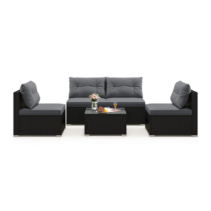 Juego de muebles de patio de 5 piezas con cojines y mesa de centro - Negro