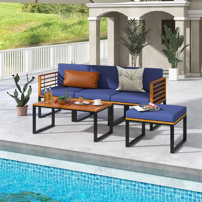 Juego de 5 piezas de sillas de patio de madera de acacia con otomana y mesa de centro - Azul marino