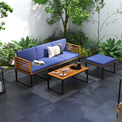 Juego de 5 piezas de sillas de patio de madera de acacia con otomana y mesa de centro - Azul marino