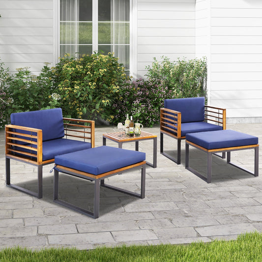 5 Piece Patio Acacia Wood Chair Set with Ottomans and Coffee Table-Navy - Tampa Home & Garden Store