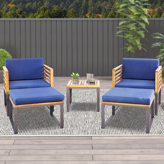 5 Piece Patio Acacia Wood Chair Set with Ottomans and Coffee Table-Navy - Tampa Home & Garden Store