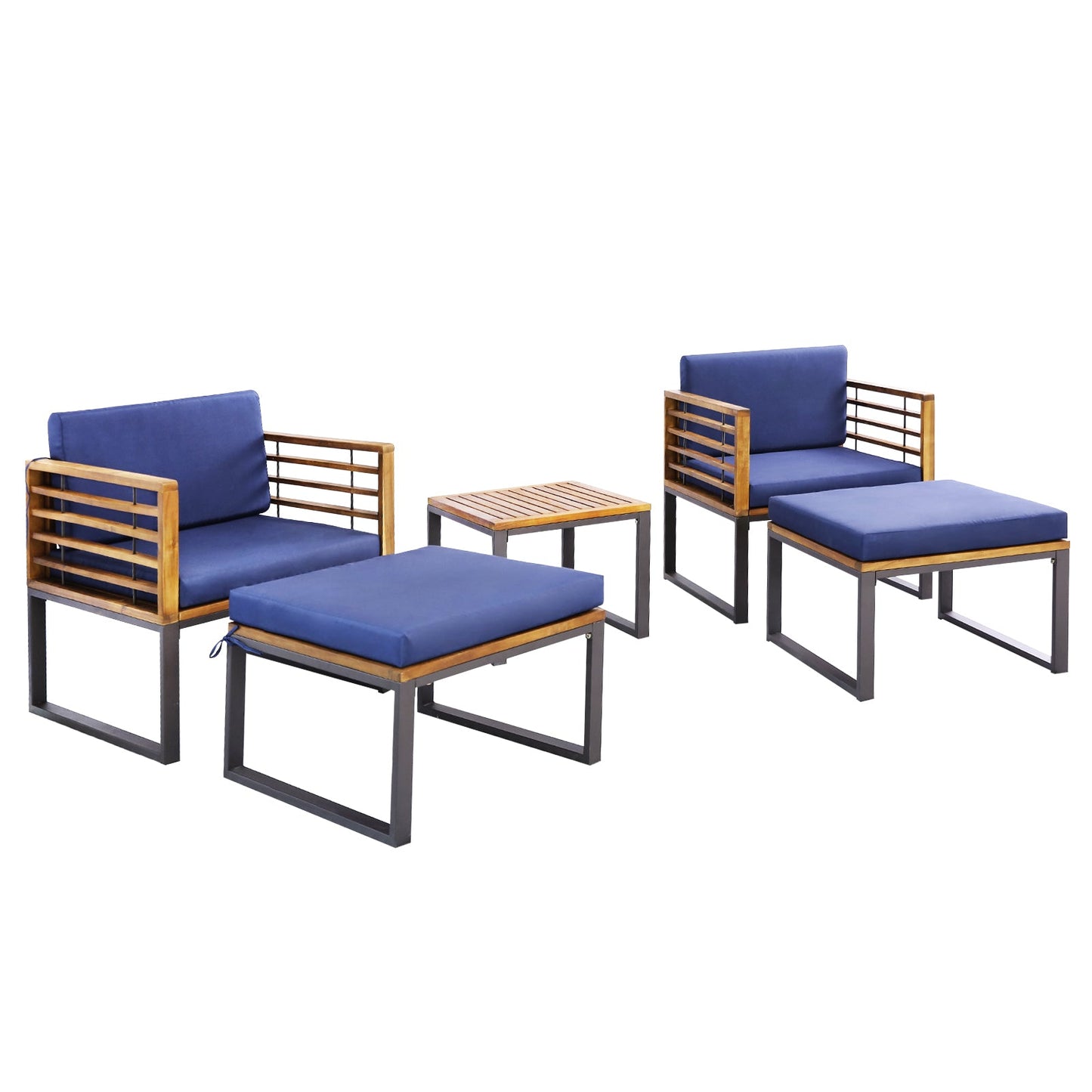 Juego de 5 piezas de sillas de patio de madera de acacia con otomanas y mesa de centro - Azul marino