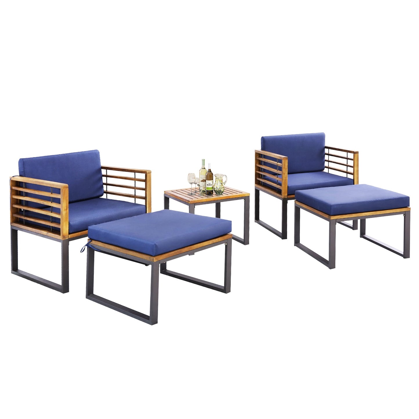 Juego de 5 piezas de sillas de patio de madera de acacia con otomanas y mesa de centro - Azul marino