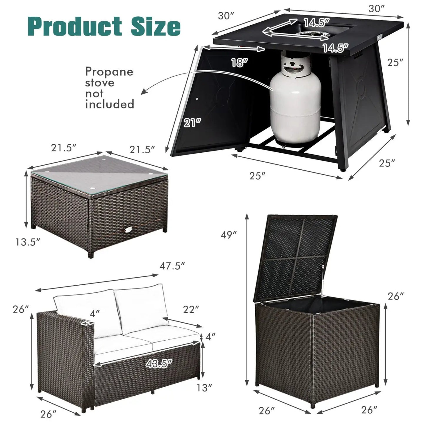 5 Piece Patio Set with 50k BTU Fire Pit Table