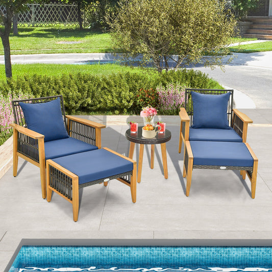 5 Piece Patio Furniture Set with Coffee Table and 2 Ottomans-Navy - Tampa Home & Garden Store