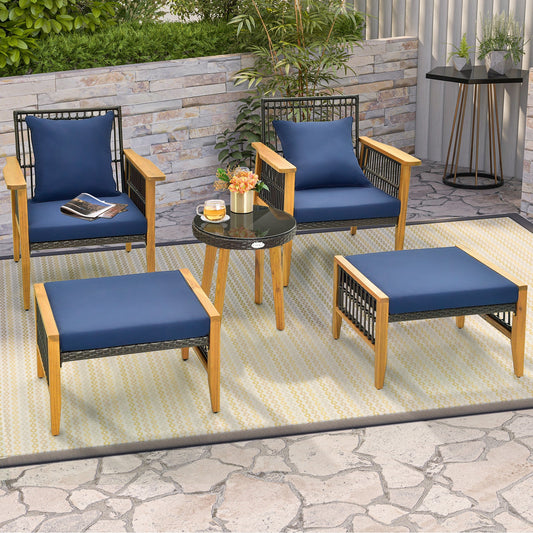 5 Piece Patio Furniture Set with Coffee Table and 2 Ottomans-Navy - Tampa Home & Garden Store