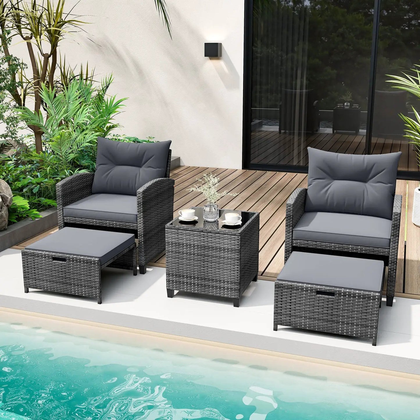 Patio Rattan Set with Ottomans and Glass Table