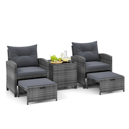 Patio Rattan Set with Ottomans and Glass Table