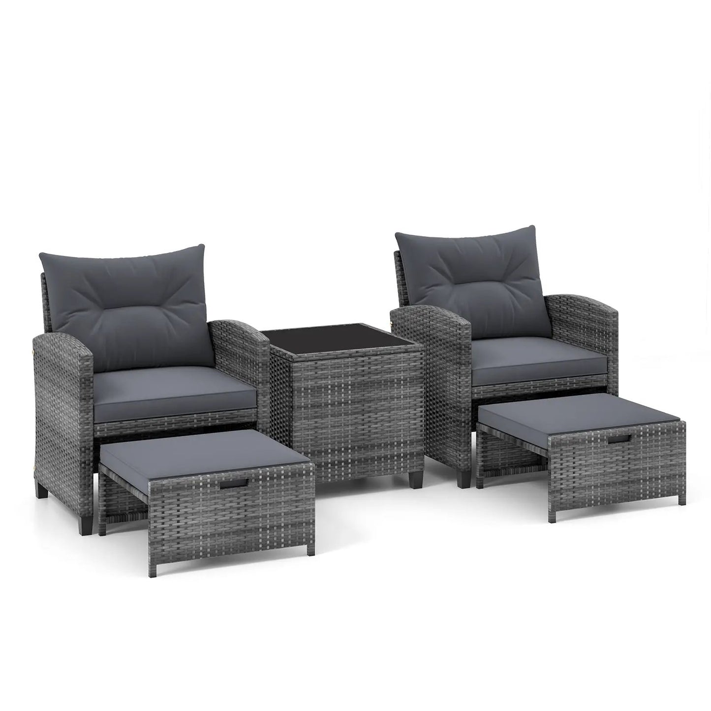 Patio Rattan Set with Ottomans and Glass Table