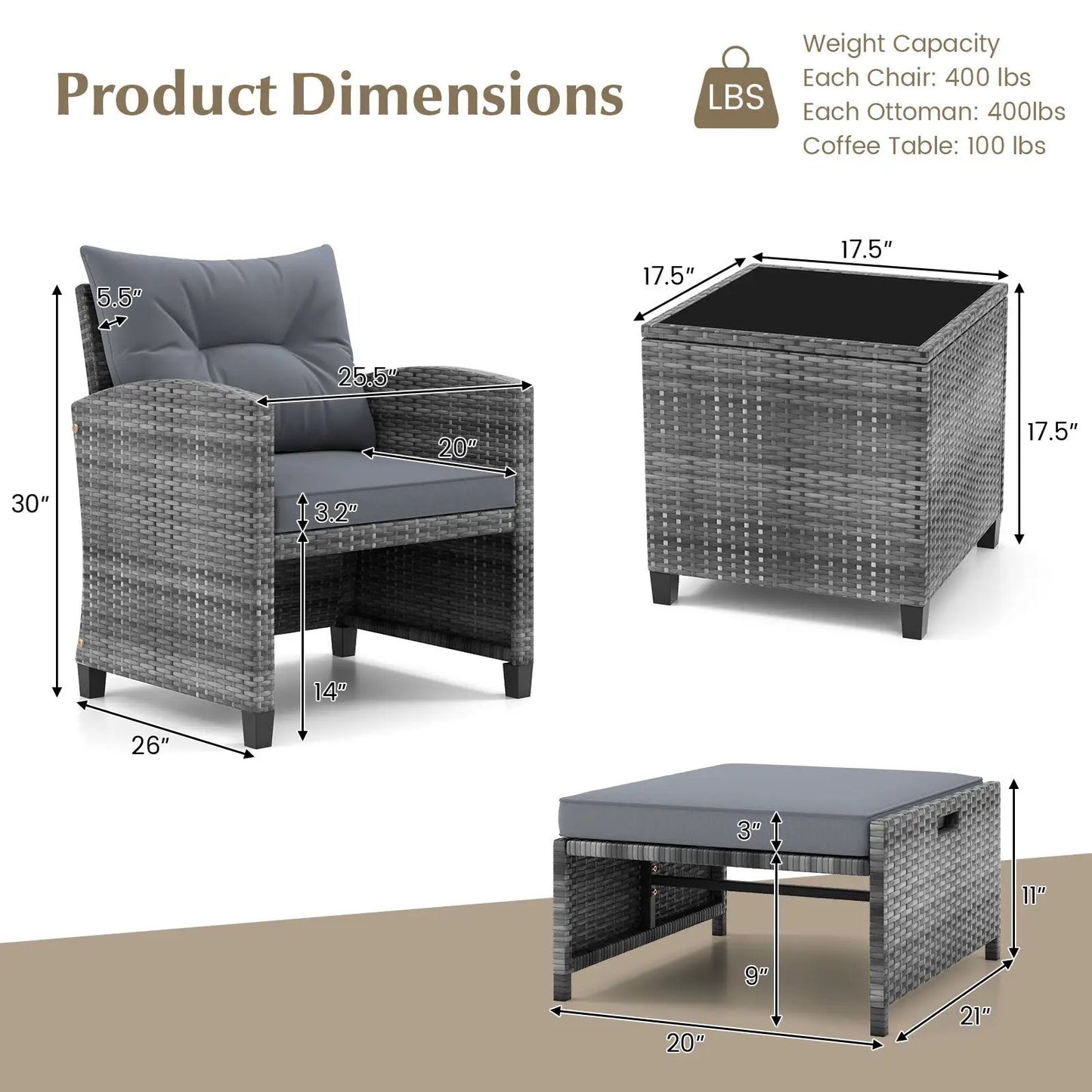 Patio Rattan Set with Ottomans and Glass Table