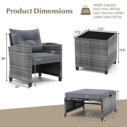 Patio Rattan Set with Ottomans and Glass Table