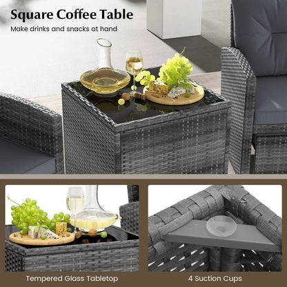 Patio Rattan Set with Ottomans and Glass Table