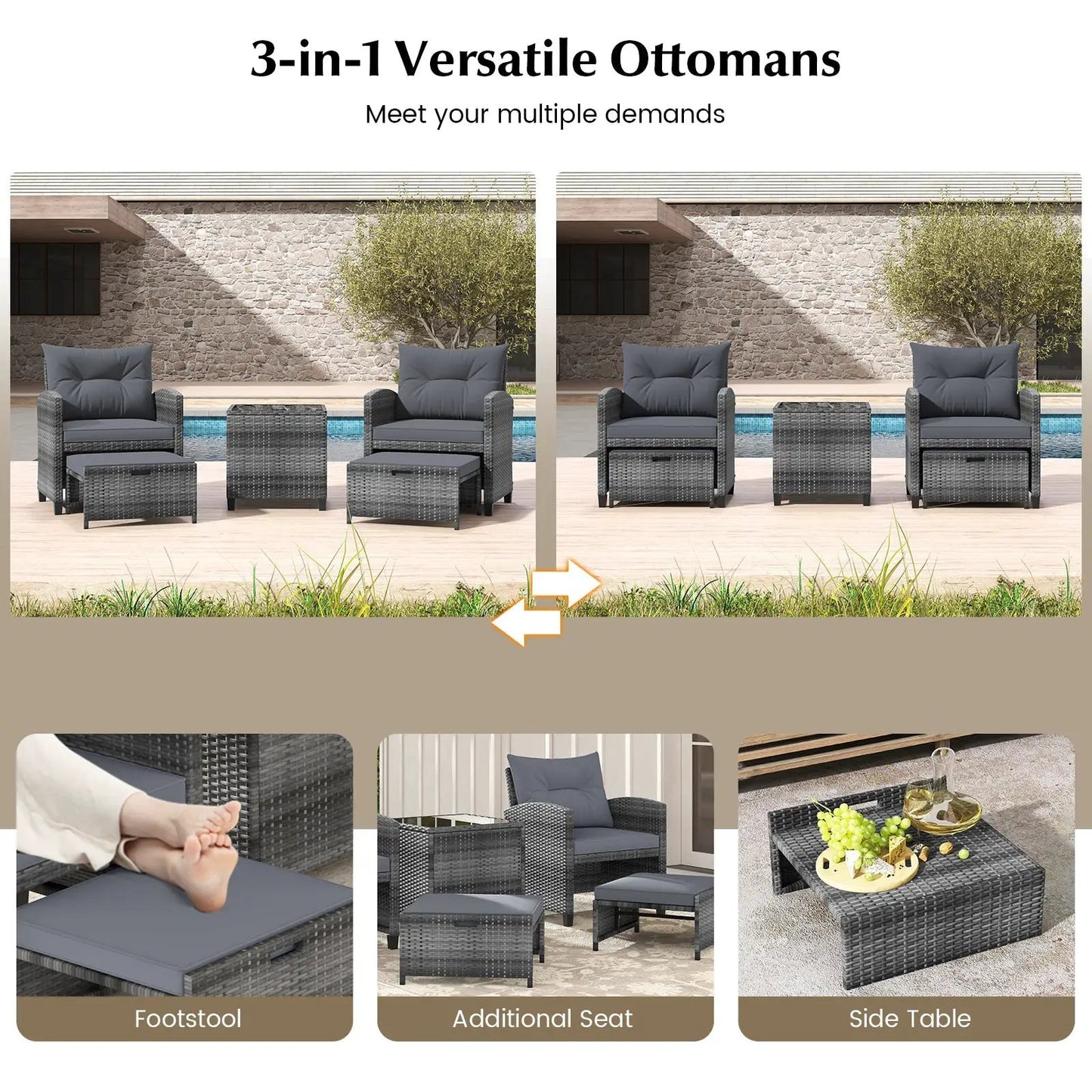 Patio Rattan Set with Ottomans and Glass Table