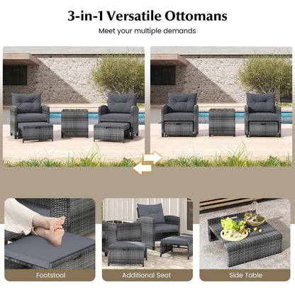 Patio Rattan Set with Ottomans and Glass Table