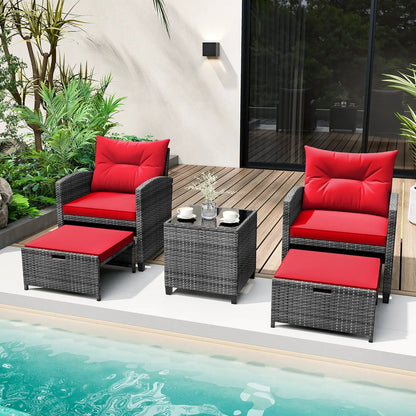 Patio Rattan Set with Ottomans and Glass Table