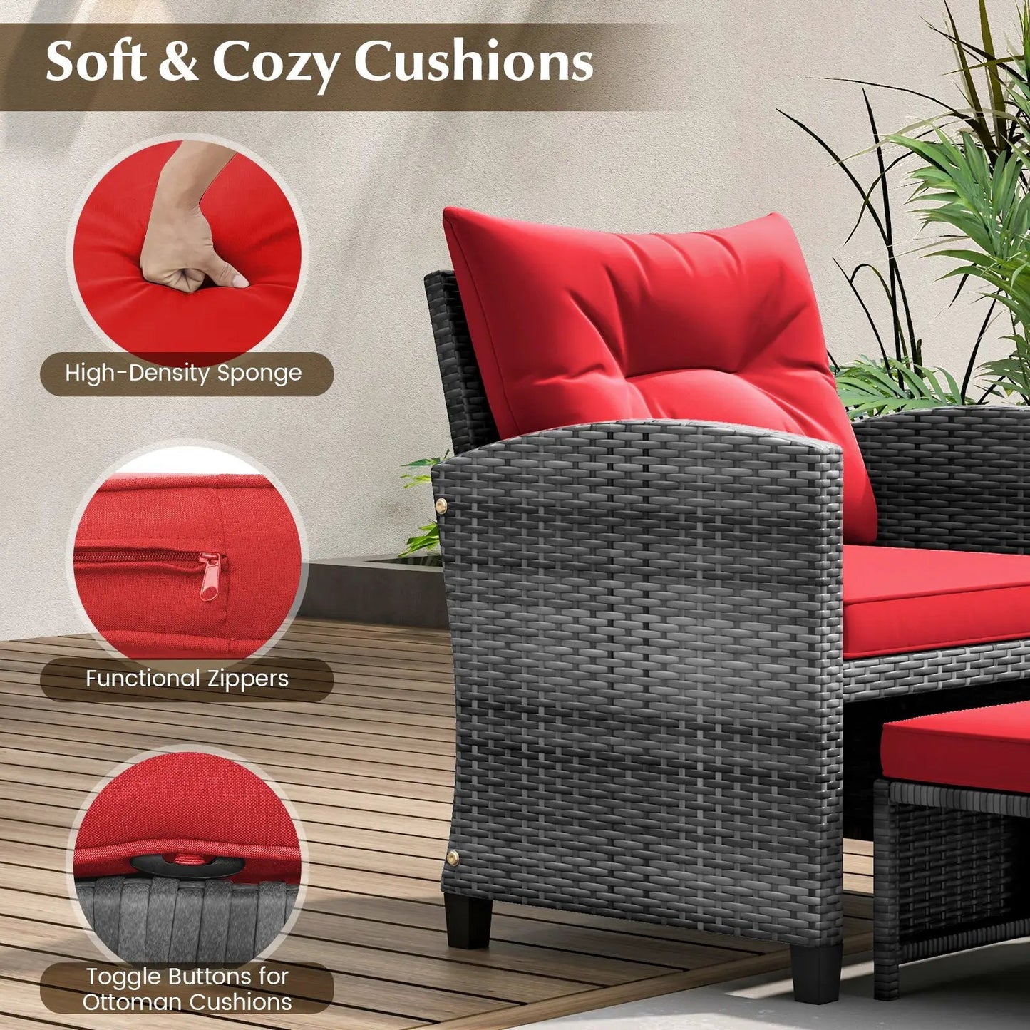 Patio Rattan Set with Ottomans and Glass Table
