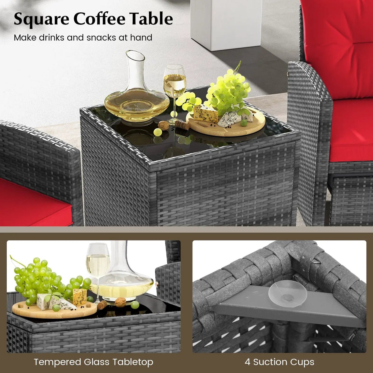 Patio Rattan Set with Ottomans and Glass Table