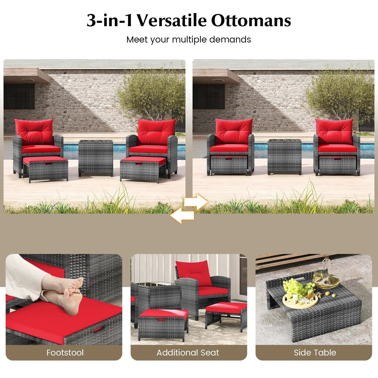Patio Rattan Set with Ottomans and Glass Table