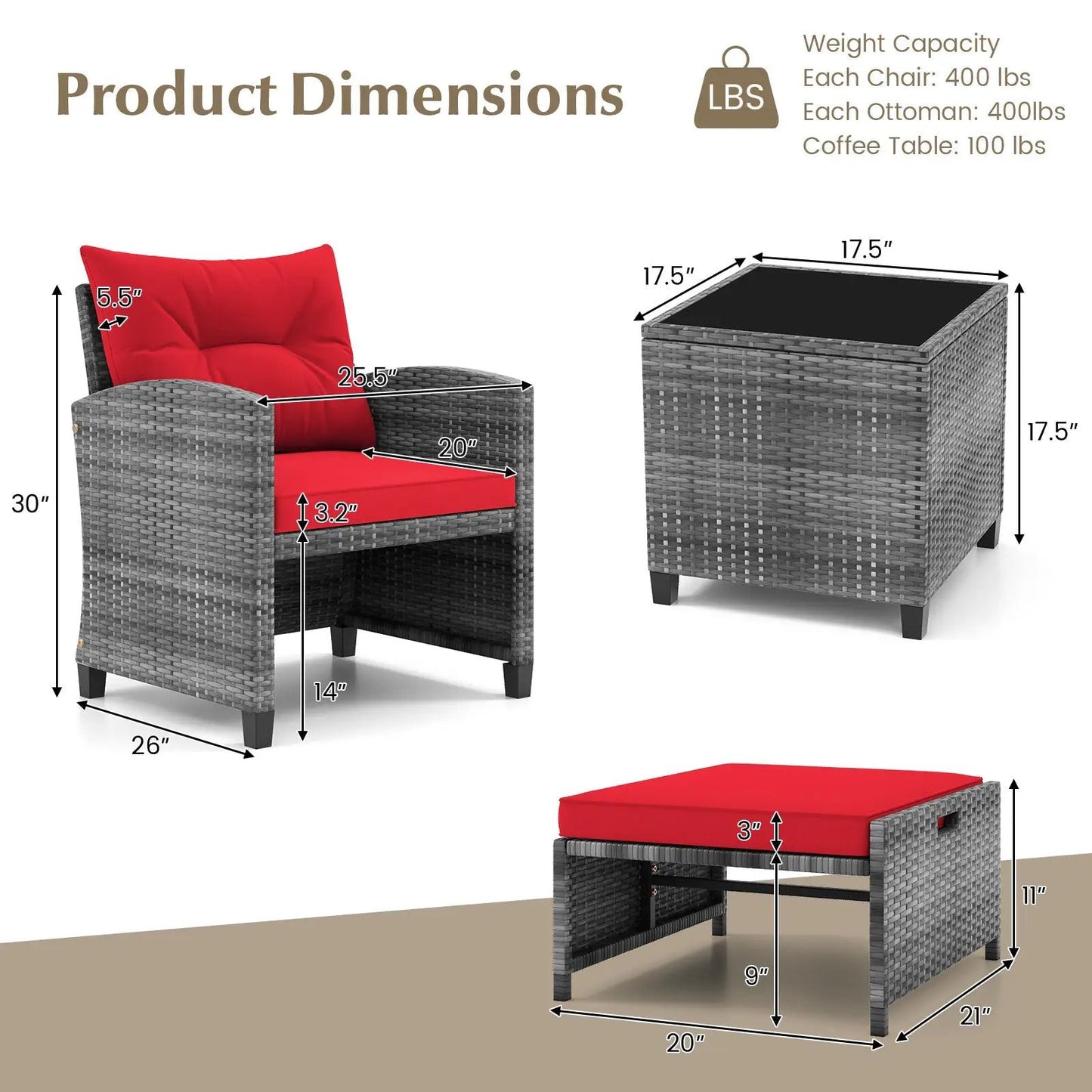 Patio Rattan Set with Ottomans and Glass Table