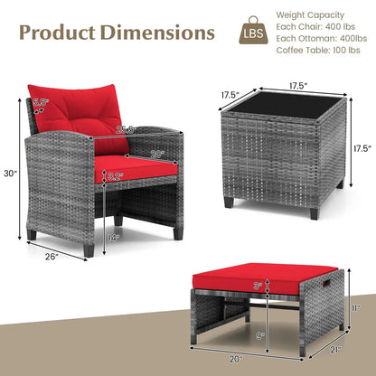 Patio Rattan Set with Ottomans and Glass Table