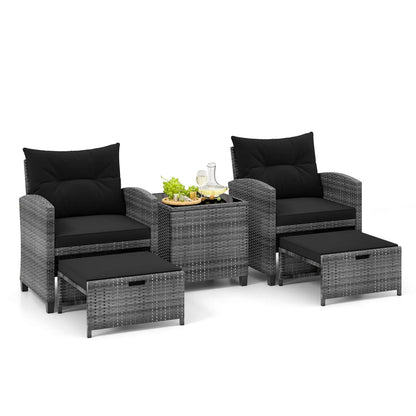 Patio Rattan Set with Ottomans and Glass Table