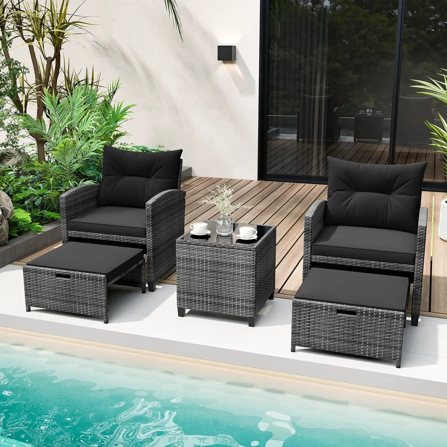 Patio Rattan Set with Ottomans and Glass Table