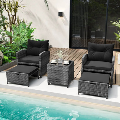 Patio Rattan Set with Ottomans and Glass Table