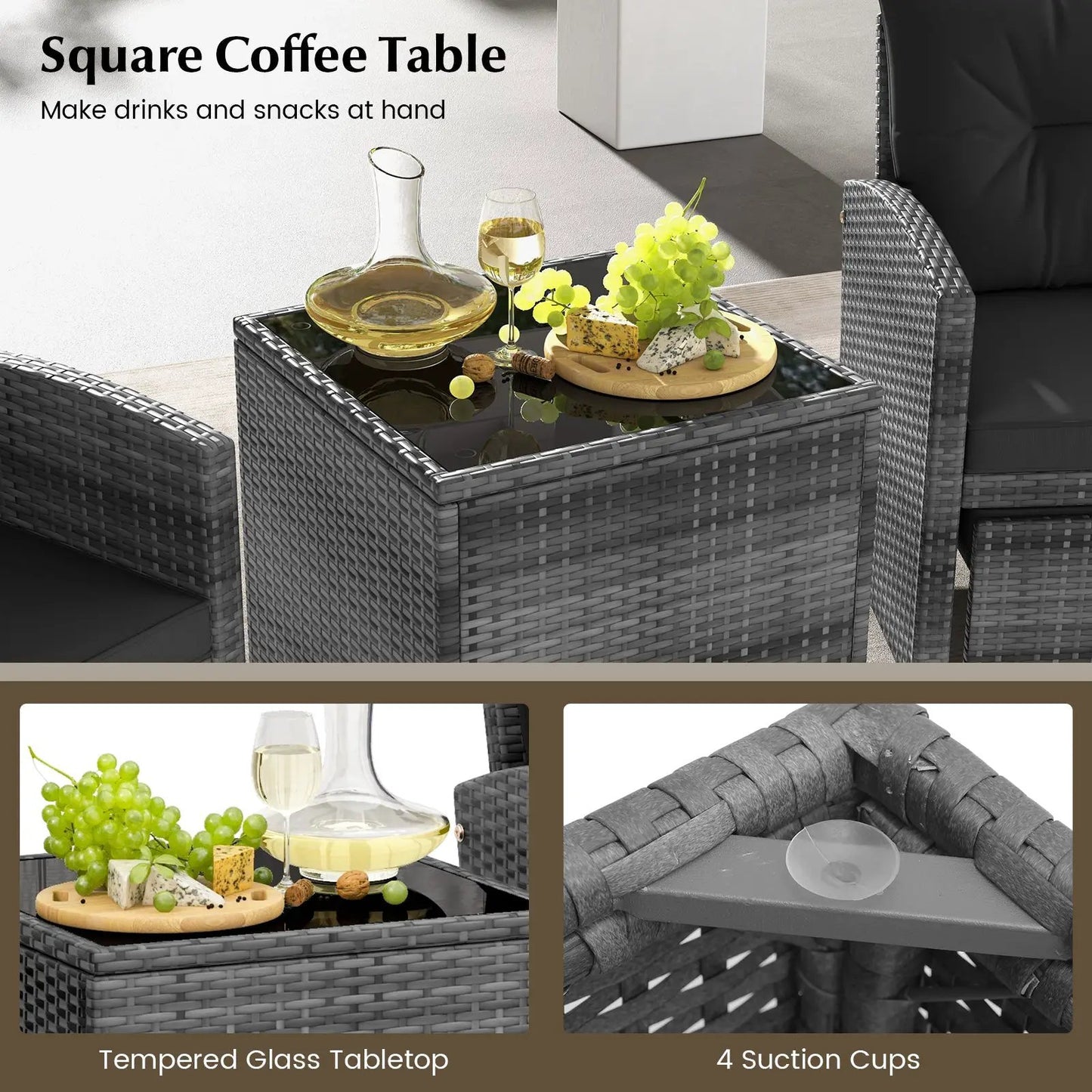 Patio Rattan Set with Ottomans and Glass Table