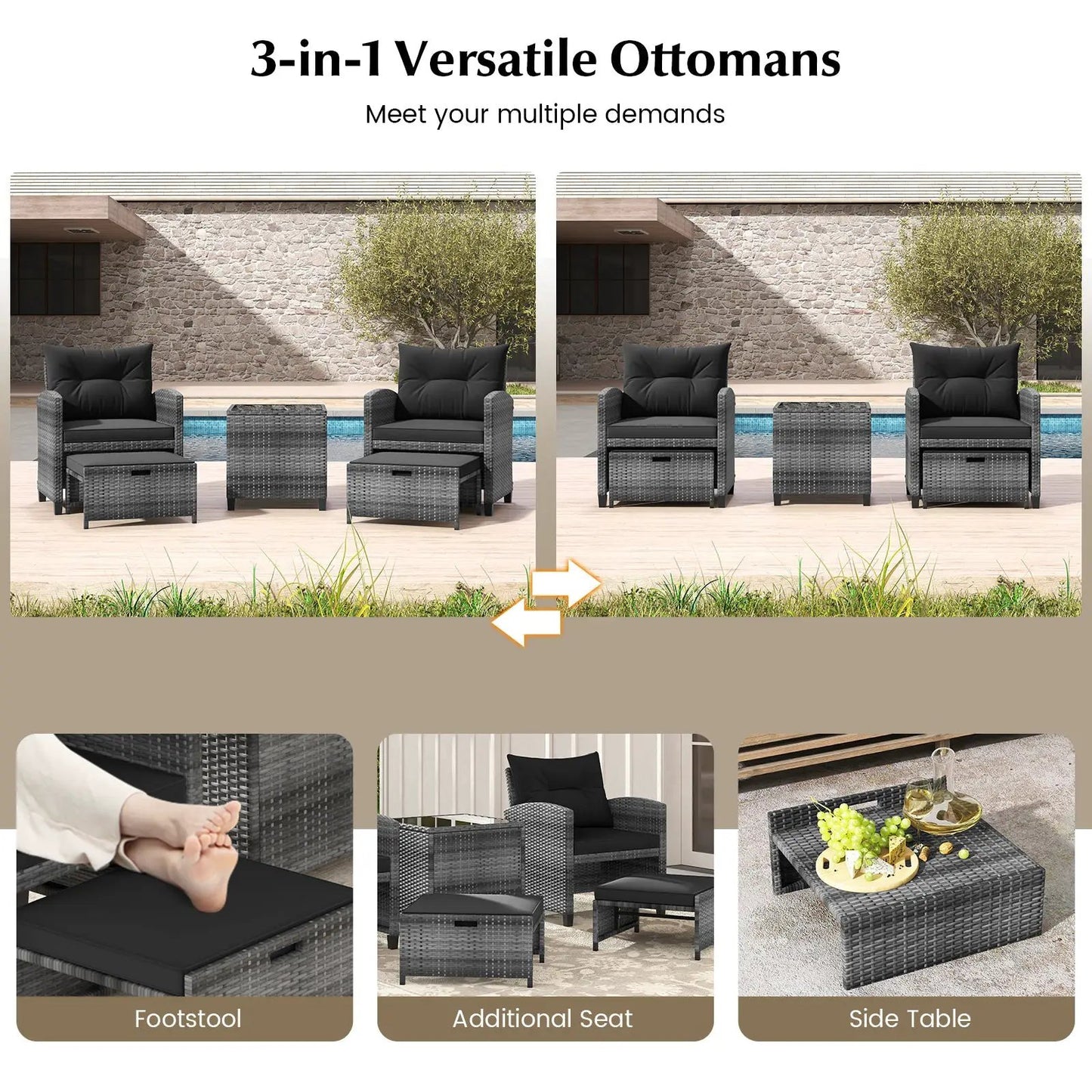Patio Rattan Set with Ottomans and Glass Table