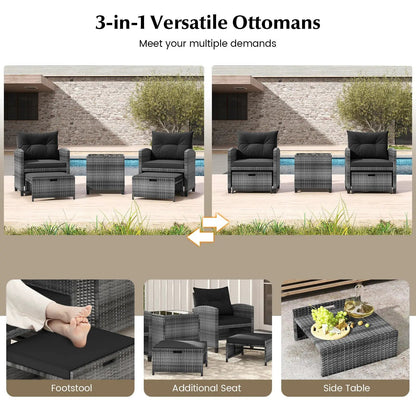 Patio Rattan Set with Ottomans and Glass Table