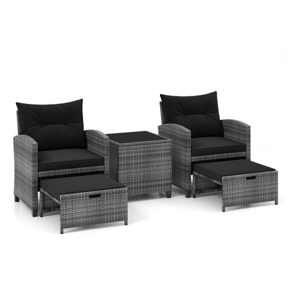 Patio Rattan Set with Ottomans and Glass Table