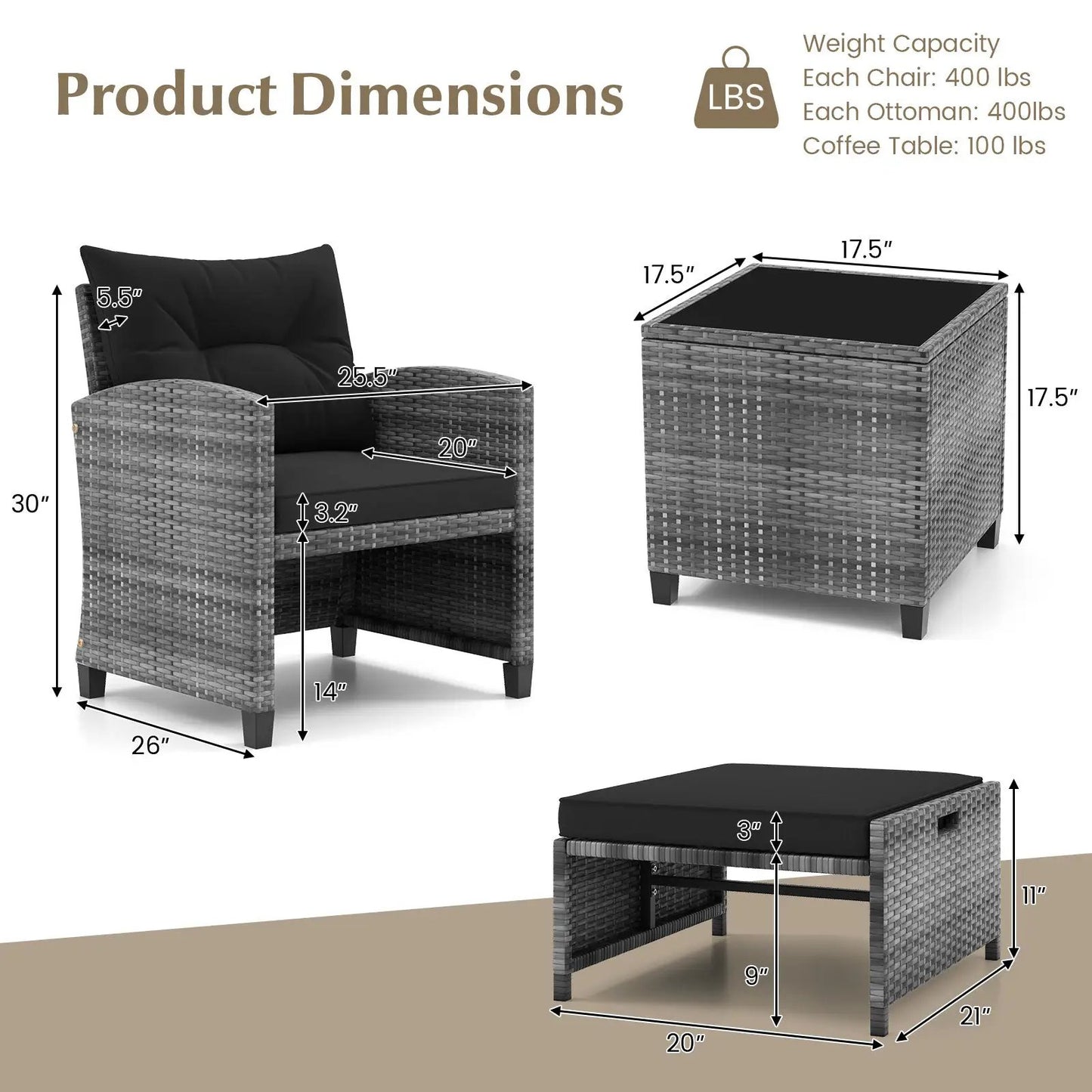 Patio Rattan Set with Ottomans and Glass Table