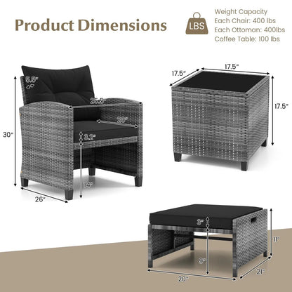 Patio Rattan Set with Ottomans and Glass Table