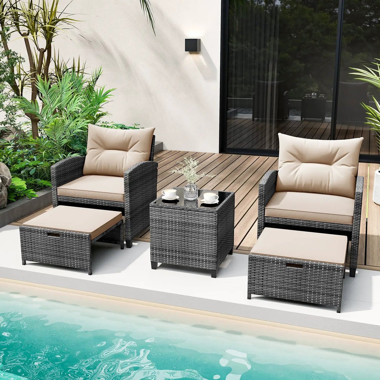 Patio Rattan Set with Ottomans and Glass Table