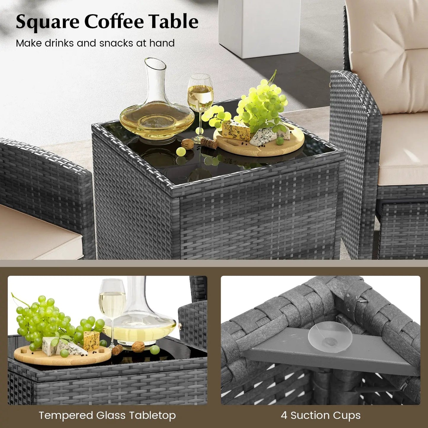 Patio Rattan Set with Ottomans and Glass Table