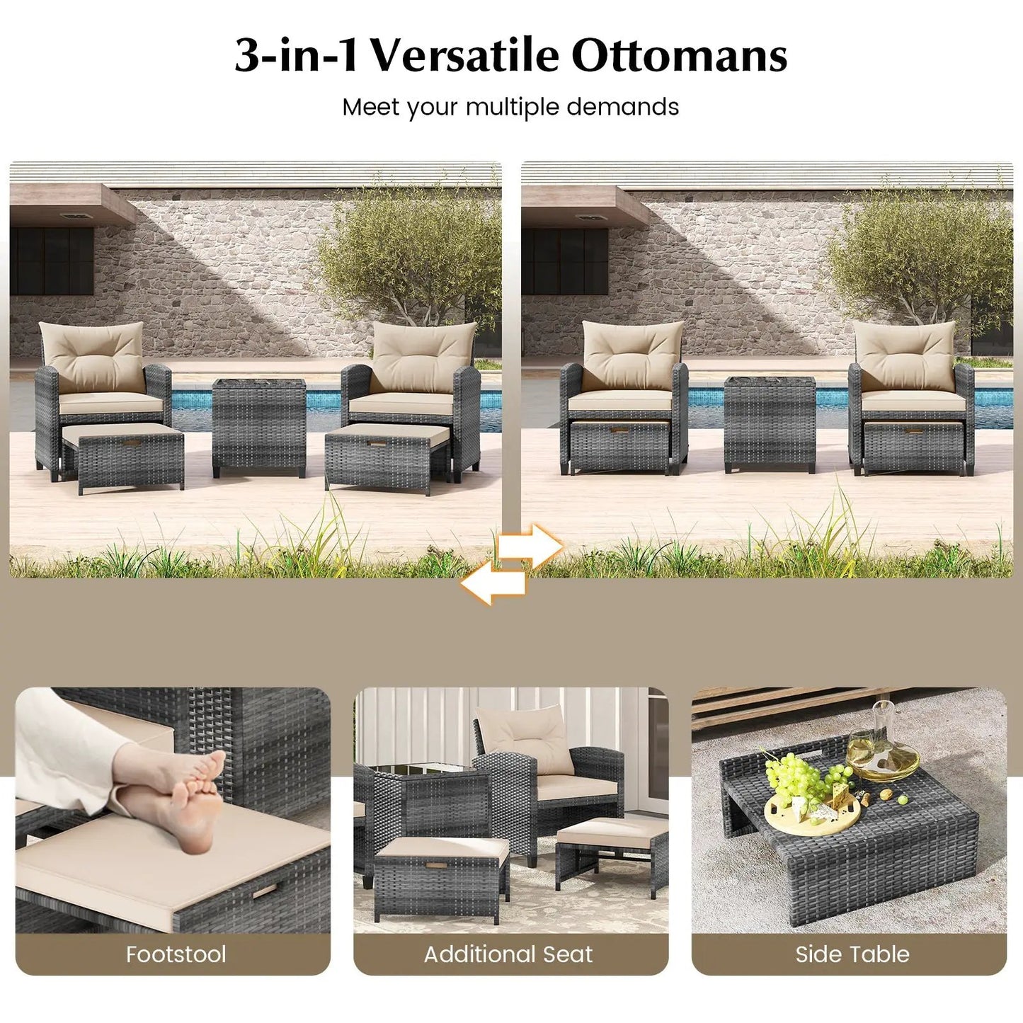Patio Rattan Set with Ottomans and Glass Table