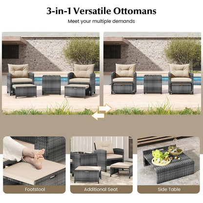 Patio Rattan Set with Ottomans and Glass Table