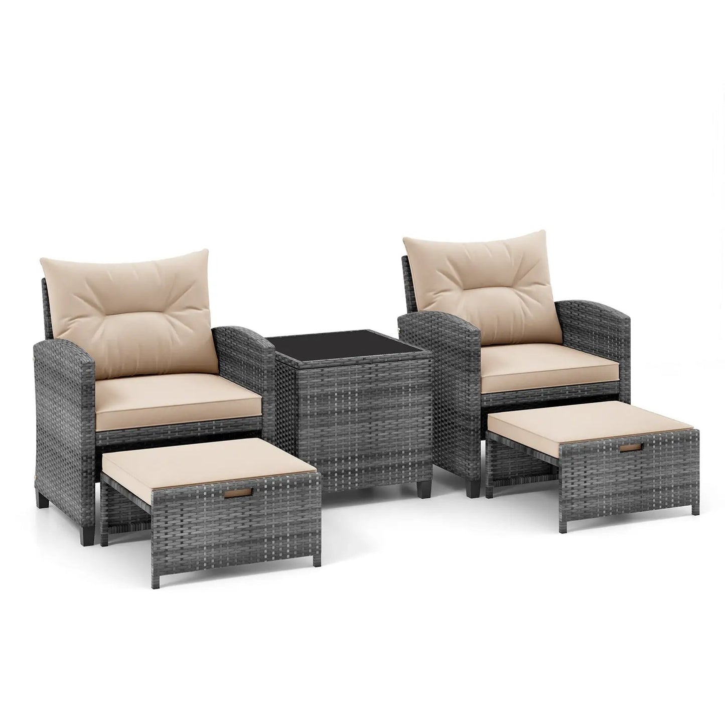 Patio Rattan Set with Ottomans and Glass Table