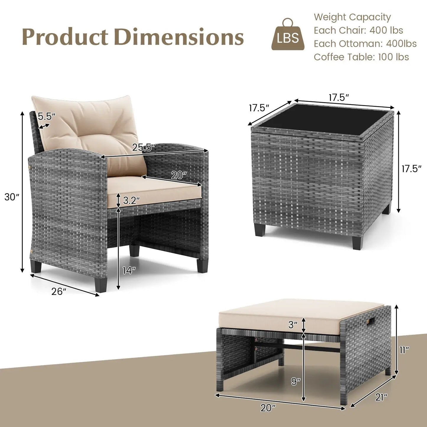 Patio Rattan Set with Ottomans and Glass Table
