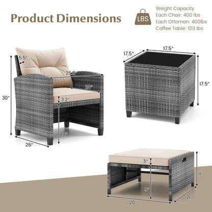 Patio Rattan Set with Ottomans and Glass Table